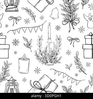 Candela accesa su un alto candelabro circondato da rami decorativi con foglie, illustrazione vettoriale monocromatica dipinta da inchiostri neri. Illustrazione Vettoriale