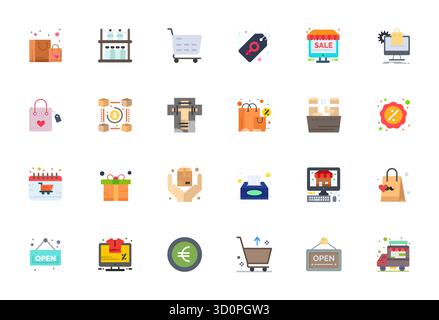 Icone vettoriali perfette da 24 PIXEL progettate in modo intelligente ispirate al settore Retail, create in formato Flat da 128x128 per flussi di lavoro di progettazione intelligenti ed efficienti. Illustrazione Vettoriale