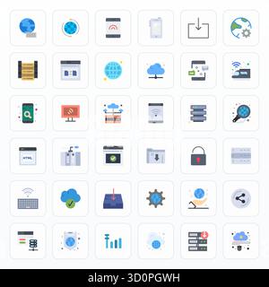 Set semplificato di 36 icone vettoriali per Internet in un'estetica piatta, con risoluzione 64 x 64 modificabile per un'esperienza utente senza interruzioni. Illustrazione Vettoriale