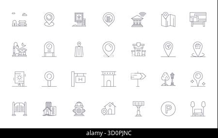 Collezione contemporanea di 28 icone vettoriali che rappresentano l'estetica Town in Thin Line, con risoluzione ottimizzata Retina Ready Pixel per applicazioni moderne Illustrazione Vettoriale