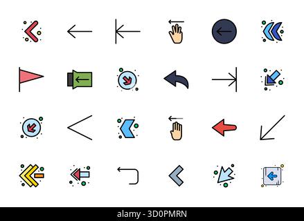 Collezione realizzata a mano con 24 icone vettoriali piatte a sinistra, ottimizzate in 256x256 display risoluzione perfetta per le applicazioni digitali di alta qualità Illustrazione Vettoriale