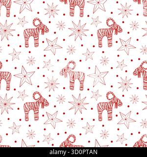 Tradizionale capra scandinava di paglia con nastri e stelle e fiocchi di neve, motivo senza cuciture in rosso monocromatico. Simbolo Svezia Illustrazione Vettoriale
