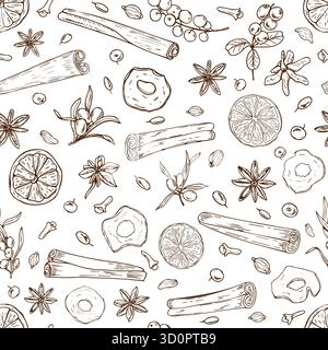 Fetta monocromatica di frutta secca, frutti di bosco e spezie invernali, motivo senza cuciture. Bastoncini di cannella, fette di arancia e mele essiccate, spinoso marino, mucchio Illustrazione Vettoriale