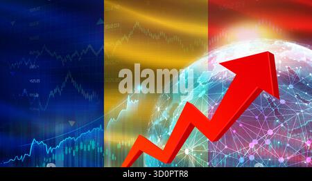 Crescita finanziaria globale con la bandiera della Romania. Crescita finanziaria con la bandiera della Romania sul contesto economico Foto Stock
