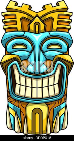 Maschera Tiki sorridente con elementi del castello e incisioni tribali. Totem polinesiano hawaiano Art Illustrazione vettoriale disegnata a mano Illustrazione Vettoriale