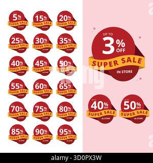 Set di badge rossi e gialli con sconti speciali con design arrotondati che mostrano percentuali dal 3% al 95% di sconto, etichette promozionali per la vendita al dettaglio e l'e-commerce Illustrazione Vettoriale