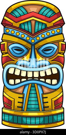 Maschera Tiki Regal con dettagli ornamentali in oro e incisioni tribali. Totem polinesiano hawaiano Art Illustrazione vettoriale disegnata a mano Illustrazione Vettoriale