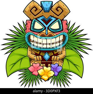 Maschera Tiki sorridente con foglie tropicali e fiori. Arte tribale polinesiana hawaiana Illustrazione vettoriale disegnata a mano Illustrazione Vettoriale