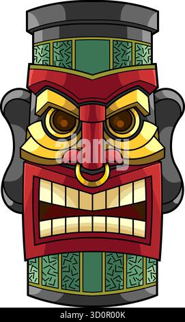 Maschera Tiki Warrior con intagli ornamentali e dettagli in oro. Totem polinesiano hawaiano Art Illustrazione vettoriale disegnata a mano Illustrazione Vettoriale