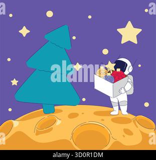 Un astronauta decora un albero di Natale colorato sulla superficie delle lune per le vacanze Illustrazione Vettoriale