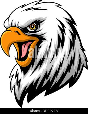 Mascotte Bald Eagle Head con becco aperto e occhi feroci - illustrazione disegnata a mano vettoriale isolata su sfondo trasparente Illustrazione Vettoriale