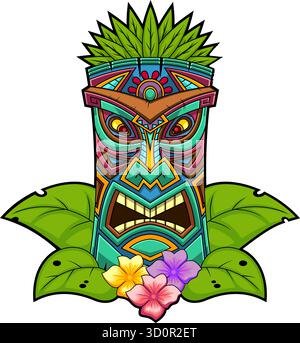 Maschera Tiki colorata con foglie e fiori tropicali. Illustrazione dell'arte tribale hawaiana. Illustrazione vettoriale disegnata a mano Illustrazione Vettoriale