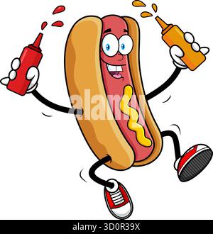 Hot Dog Cartoon Mascot Character Jumping with ketchup and Mustard Bottles - illustrazione disegnata a mano vettoriale isolata su sfondo trasparente Illustrazione Vettoriale