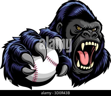Angry Gorilla che regge la palla da baseball - Logo della testa animale della mascotte - illustrazione disegnata a mano dal vettore Illustrazione Vettoriale