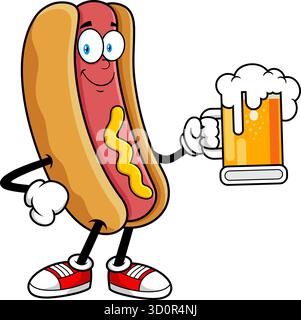 Hot Dog Cartoon Mascot personaggio sorridente e sorridente tazza di birra - illustrazione disegnata a mano vettoriale isolata su sfondo trasparente Illustrazione Vettoriale