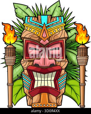 Maschera tiki tribale colorata con torce e foglie tropicali - illustrazione disegnata a mano vettoriale isolata su sfondo trasparente Illustrazione Vettoriale