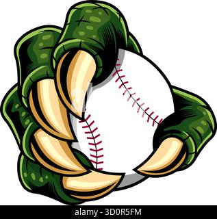 Dinosauro Claw Holding Baseball – illustrazione disegnata a mano vettoriale isolata su sfondo trasparente Illustrazione Vettoriale