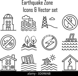 Set di icone della zona terremoto, simbolo di attività sismica, illustrazione di catastrofi naturali e avvertenze di sicurezza Illustrazione Vettoriale