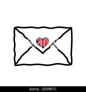 Busta disegnata a mano con un piccolo sigillo cardiaco rosso delineato in nero su sfondo bianco. Illustrazione Vettoriale