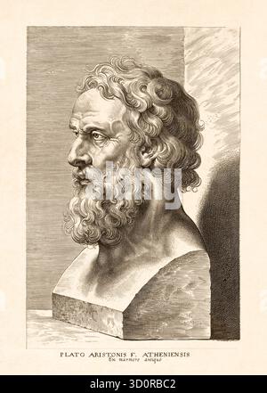 Incisione basata su un'opera di Paul Rubens raffigurante il busto del filosofo greco Platone. Foto Stock