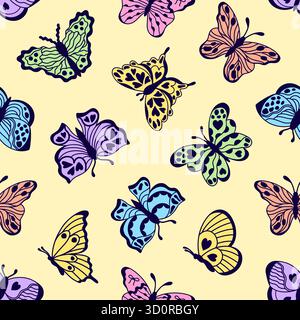 Farfalle colorate con motivo senza cuciture. Stile doodle disegnato a mano. Illustrazione Vettoriale
