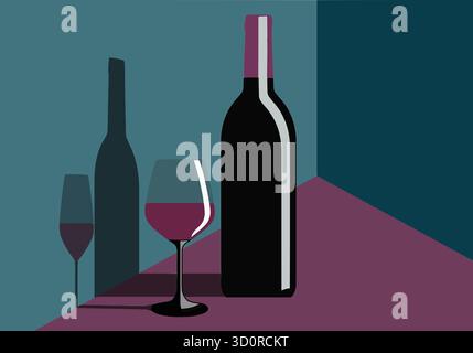 Un bicchiere di vino rosso e una bottiglia di vino sono visti all'altezza del sole e gettano ombre su un muro in un'illustrazione in 3D sui vini pregiati. Illustrazione Vettoriale