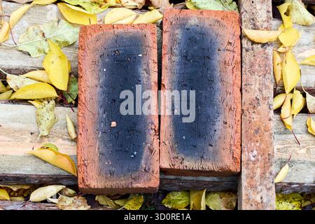Due vecchi mattoni con un centro carbonizzato e foglie gialle si trovano intorno a tavole di legno nel giardino autunnale. Foto Stock
