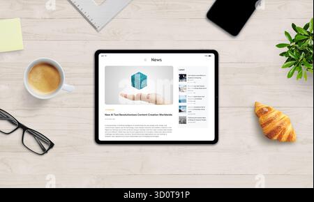Tablet che mostra articoli di notizie su una scrivania in legno con caffè, croissant e bicchieri, che rappresenta la comunicazione digitale e lo stile di vita moderni Foto Stock
