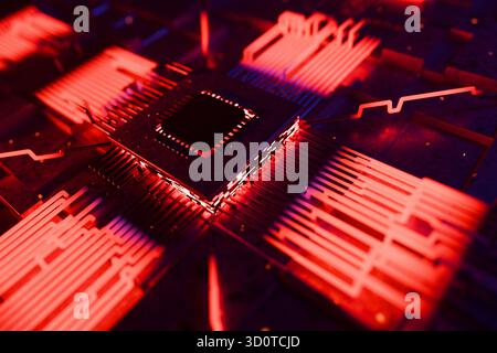 Concetto di CPU dei processori per computer centrali. Rendering 3D, immagine concettuale. Vista ravvicinata di Una scheda a circuito stampato per computer con GPU circondata da Vario Foto Stock