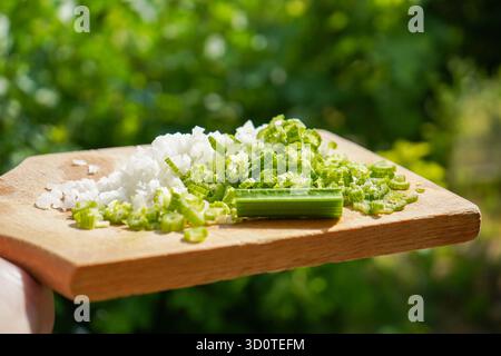 Peperoni verdi e cipolle appena tritati su un asse di legno. Foto Stock
