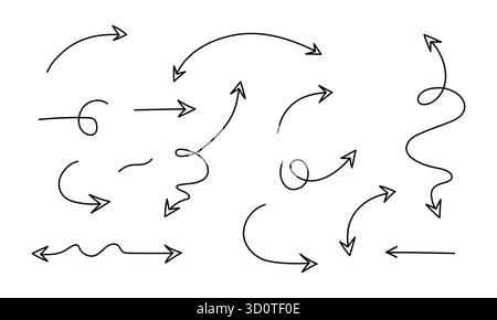 Raccolta di frecce disegnate a mano in vari stili isolate su sfondo bianco, che puntano in direzioni diverse Illustrazione Vettoriale