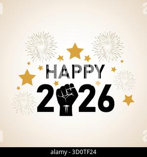 Felice saluto del nuovo anno 2026 con il simbolo del pugno in rilievo e fuochi d'artificio festivi isolati su sfondo bianco Illustrazione Vettoriale