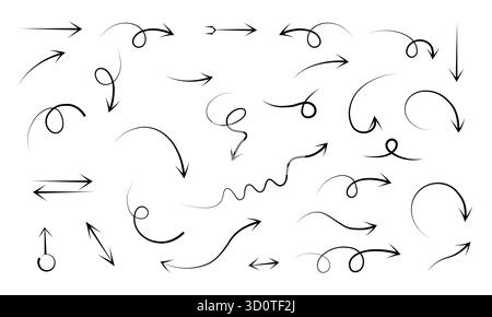 Raccolta di frecce disegnate a mano in vari stili isolate su sfondo bianco, che puntano in direzioni diverse Illustrazione Vettoriale