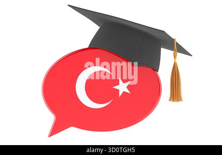 Apprendimento della lingua turca. Bolla con bandiera turca e cappuccio graduato. Rendering 3D isolato su sfondo bianco Foto Stock