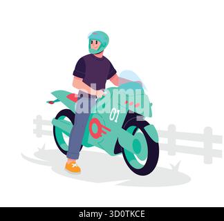 Un giovane con un casco da moto che guida una motocicletta sportiva, tenendo il volante di una motocicletta futuristica. L'illustrazione è isolata Illustrazione Vettoriale
