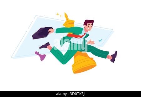 Un uomo con un completo e una valigetta corre verso il bersaglio. Avvio dei progetti. Velocità e mobilità. L'immagine di un impiegato che corre al lavoro. La c Illustrazione Vettoriale