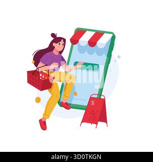 Una ragazza che acquista con un carrello visita un negozio online o un mercato. Acquisti online e consegna degli ordini. Sconti. Illustrazione per il progetto Illustrazione Vettoriale