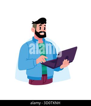 Illustrazione di un giovane programmatore, sviluppatore con un notebook. Un uomo d'affari con un computer. Accedere al proprio account personale. Immagine per i progetti di progettazione Illustrazione Vettoriale