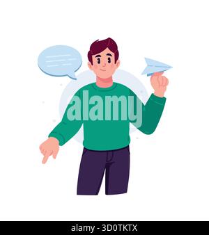 Il tizio è in piedi con un aereo di messaggi e una nuvola di fumetti. L'immagine dei messaggi nei messaggeri e nei social network. Il concetto di commun online Illustrazione Vettoriale