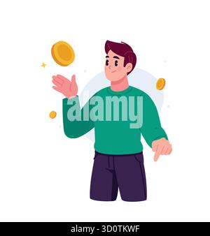 Il giovane punta e guarda le monete. Saldo del conto. L'immagine della tecnologia finanziaria e dei pagamenti digitali. Il concetto di pagamento, finanziamento, Illustrazione Vettoriale