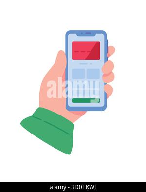 Immagine di una mano che regge uno smartphone. Carta di credito o debito sullo schermo del telefono. Simbolo dei pagamenti non in contanti e dei servizi bancari. Il concetto Illustrazione Vettoriale