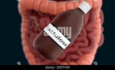 Un'illustrazione 3d della bottiglia etichettata "lattulosio" e dell'intestino umano Foto Stock