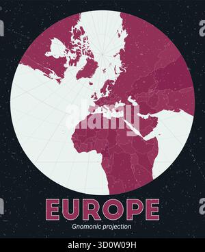 Europa. Mappa del mondo. Proiezione gnomonica incentrata sull'Europa. Pallido Mint Dark Pink (Rosa scuro). Texture vintage. Illustrazione vettoriale moderna. Illustrazione Vettoriale