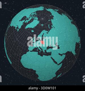 Polonia su Globe. Look vintage con texture graffiata graffiata. Vista del paese sulla mappa del mondo con tavolozza di colori Turchese Dark Charcoal. Forma della Polonia sulla mappa. Illustrazione Vettoriale