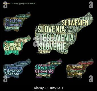 Slovenia. Serie di illustrazioni in stile tipografico. La forma della mappa della Slovenia è costituita da nomi di paesi orizzontali e verticali. Illustrazione vettoriale. Illustrazione Vettoriale