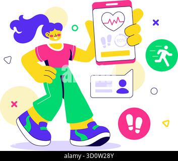 Illustrazione dell'app Mobile Health Tracker con dispositivo di telemedicina per il monitoraggio del battito cardiaco, della temperatura e dell'attività corporea per il benessere mentale Illustrazione Vettoriale