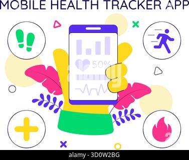 Illustrazione dell'app Mobile Health Tracker con dispositivo di telemedicina per il monitoraggio del battito cardiaco, della temperatura e dell'attività corporea per il benessere mentale Illustrazione Vettoriale