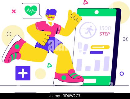 Illustrazione dell'app Mobile Health Tracker con dispositivo di telemedicina per il monitoraggio del battito cardiaco, della temperatura e dell'attività corporea per il benessere mentale Illustrazione Vettoriale