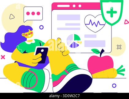 Illustrazione dell'app Mobile Health Tracker con dispositivo di telemedicina per il monitoraggio del battito cardiaco, della temperatura e dell'attività corporea per il benessere mentale Illustrazione Vettoriale