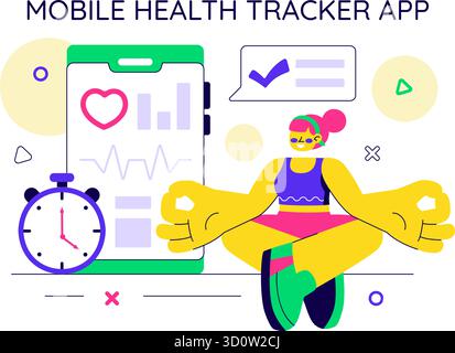 Illustrazione dell'app Mobile Health Tracker con dispositivo di telemedicina per il monitoraggio del battito cardiaco, della temperatura e dell'attività corporea per il benessere mentale Illustrazione Vettoriale